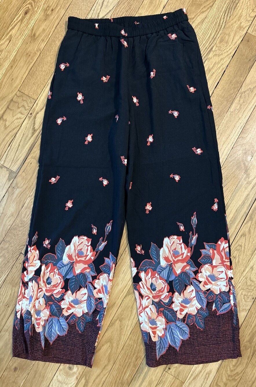 Ett:Twa by Anthropologie Black Floral Wide Leg High Rise Pull On Pant Sz XS *A6